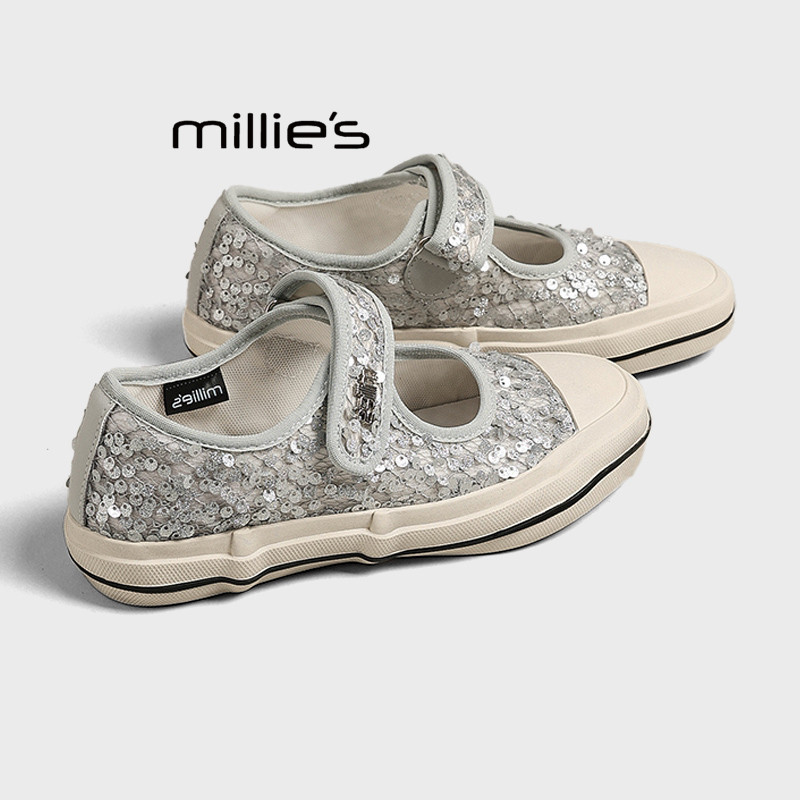 MILLIE'S/妙丽2026夏季外穿绝美亮片休闲鞋女蕾丝网面透气板鞋女Z