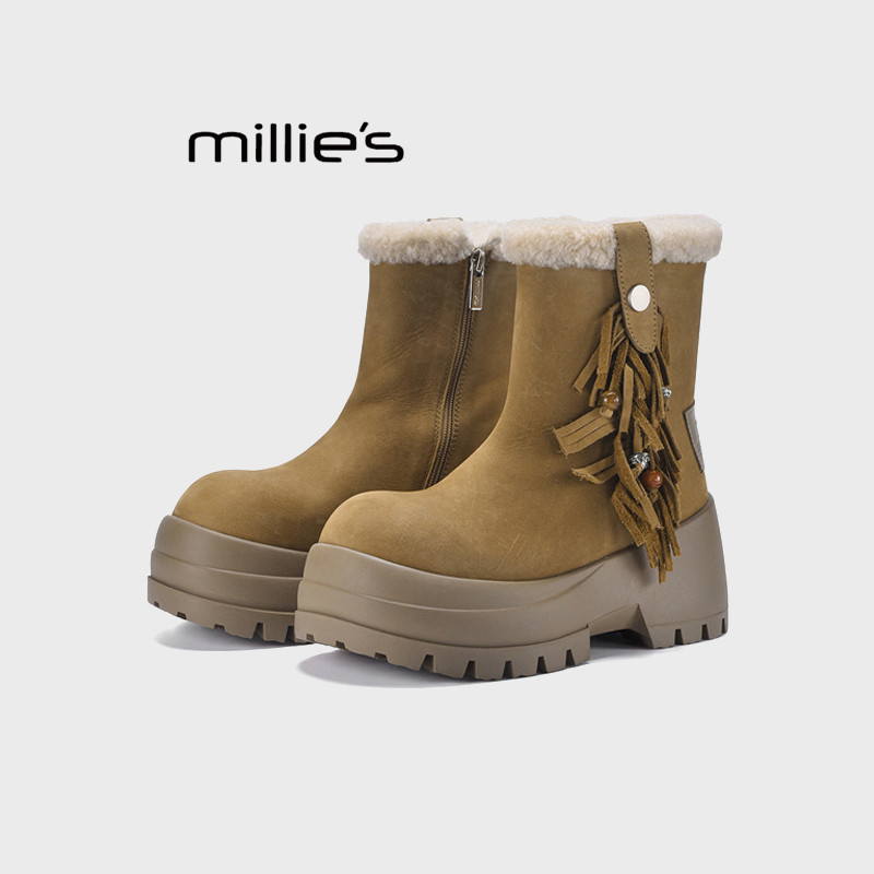 MILLIE'S/妙丽流苏民族风厚底雪地靴冬时尚加绒保暖棉鞋毛毛短靴Q
