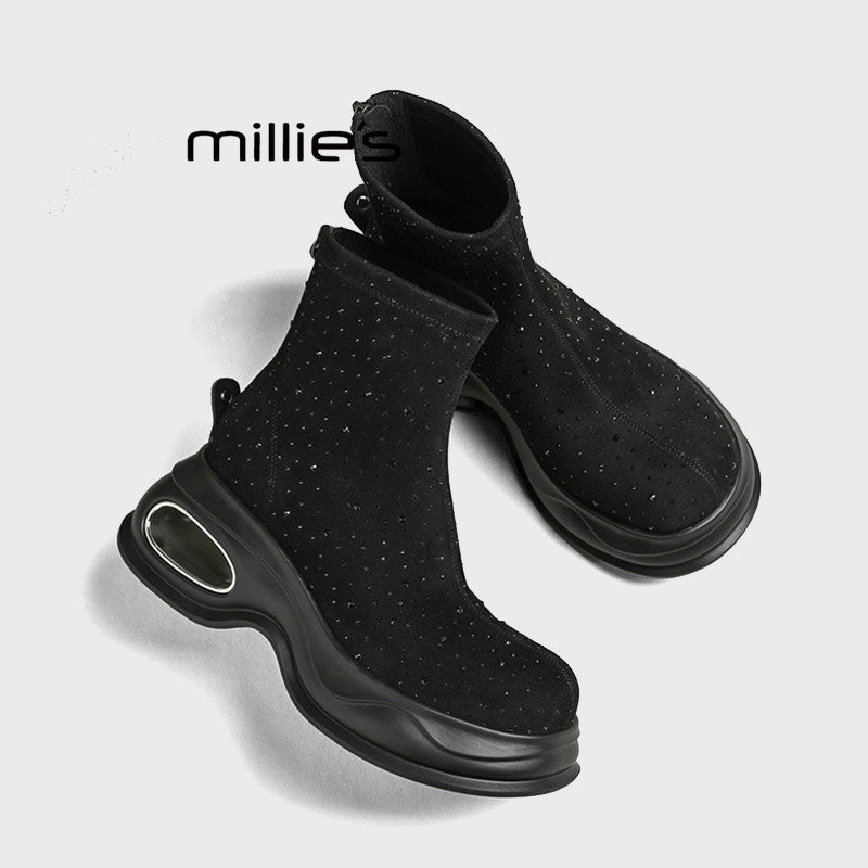 MILLIE'S/妙丽2026新款弹力靴马丁靴圆头女款短靴厚底水钻单里Z