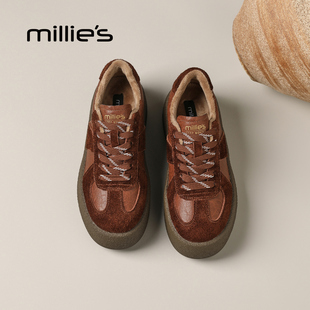 棕色增高休闲鞋 MILLIE 女加绒保暖厚底休闲板鞋 妙丽复古德训鞋