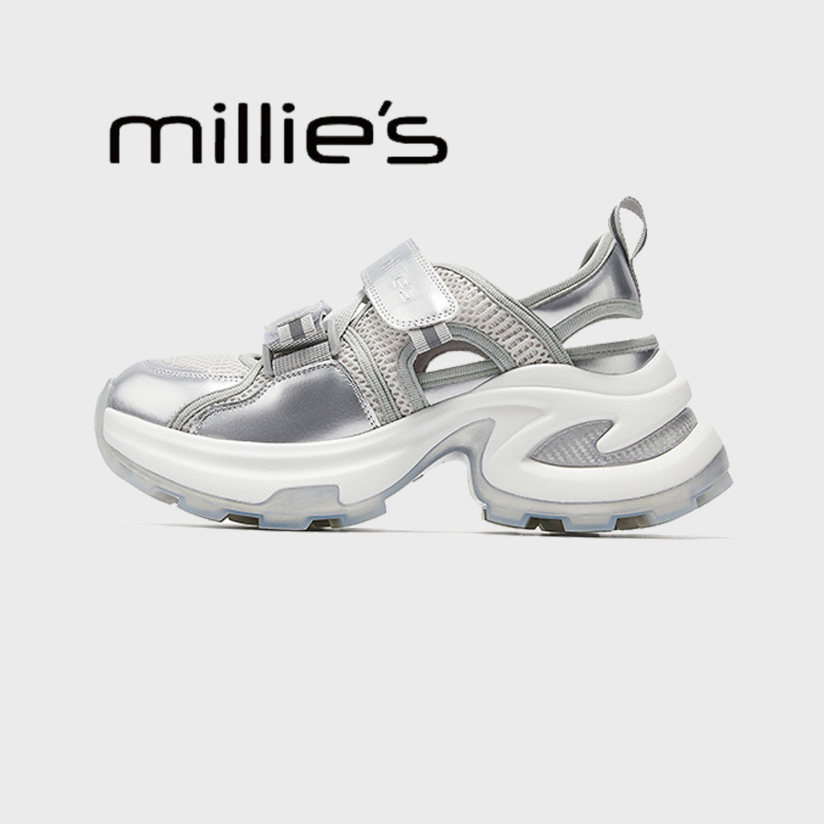 MILLIE'S/妙丽2026春季新款户外女款镂空透气厚底魔术贴老爹凉鞋