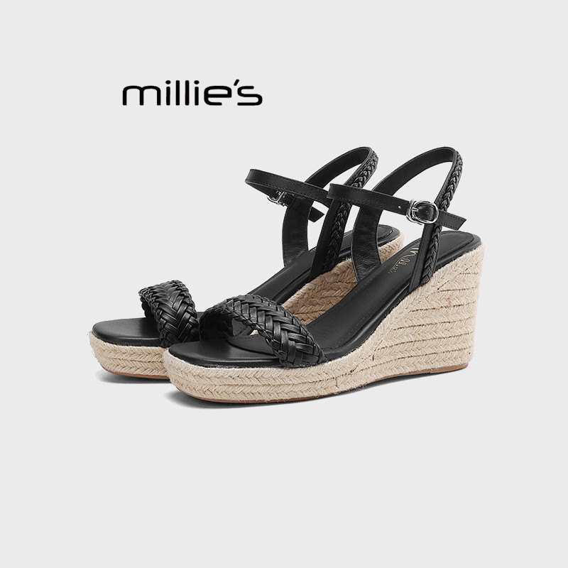 MILLIE'S/妙丽坡跟厚底凉鞋女草编底夏季款编织露趾一字带高跟鞋