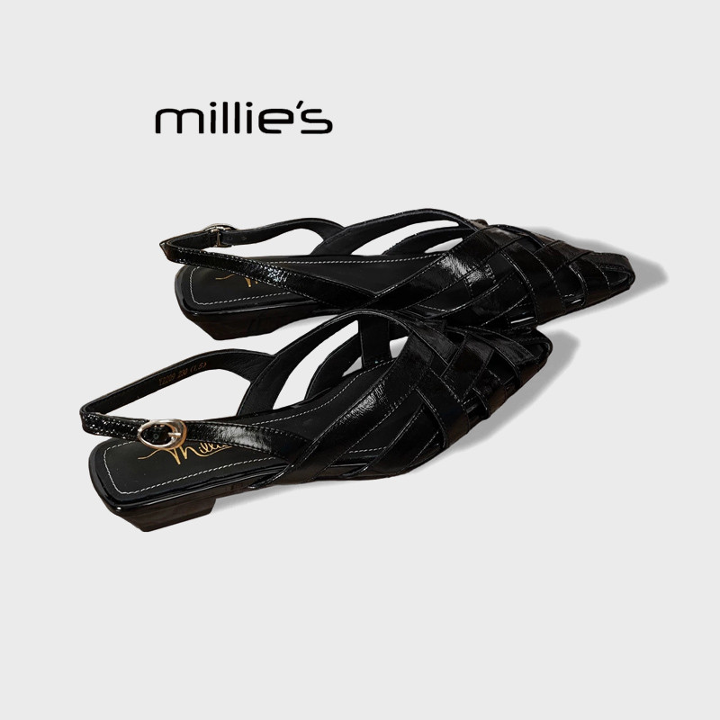 MILLIE'S/妙丽尖头镂空编织凉鞋女平底外穿时尚低跟百搭包头鞋夏