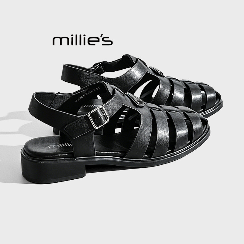 MILLIE'S/妙丽镂空编织罗马凉鞋女包头真皮软底绝美不累脚凉鞋夏Z