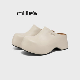 MILLIE'S/妙丽春季一脚蹬米色厚底包头半拖鞋女舒适懒人鞋不累脚Z