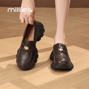 休闲鞋 MILLIE 女英伦风一脚蹬老爹鞋 妙丽真皮厚底乐福鞋