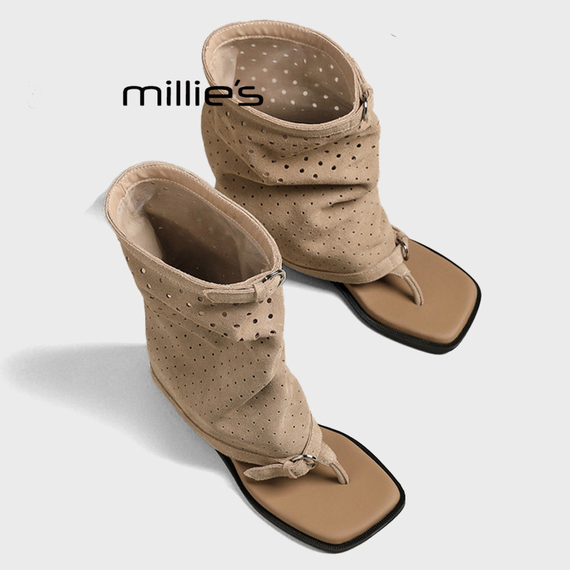 MILLIE'S/妙丽夹趾凉靴女2026夏季外穿内增高西部牛仔中筒靴凉鞋Z