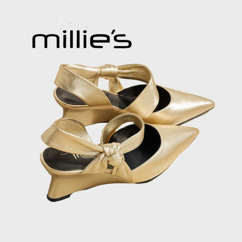 MILLIE'S/妙丽夏季新款包头凉鞋尖头细高跟女真皮蝴蝶结交叉绑带