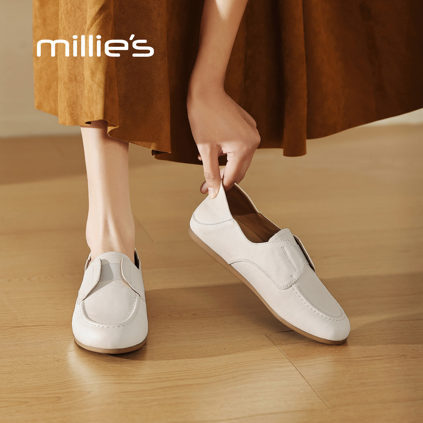 MILLIE'S/妙丽白色德训鞋女通勤乐福鞋软底舒适百搭休闲鞋德训风Z
