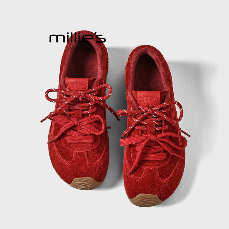 MILLIE'S/妙丽复古红色反绒皮德训鞋女系带休闲运动鞋老爹鞋Z,女鞋,老爹鞋,淘宝优惠券,粉丝福利购,淘宝优惠卷