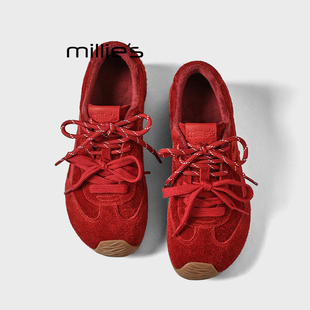 老爹鞋 MILLIE 女系带休闲运动鞋 妙丽复古红色反绒皮德训鞋