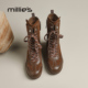 MILLIE 妙丽真皮系带厚底马丁靴女棕色百搭加绒短靴英伦风Z