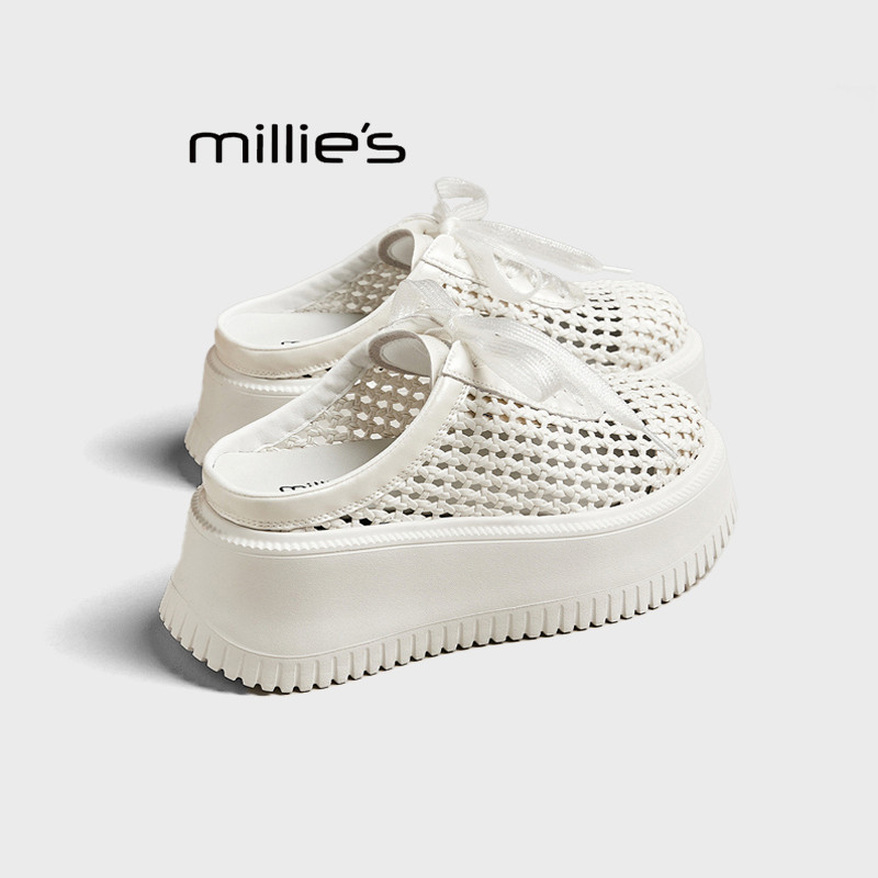 MILLIE'S/妙丽厚底女鞋镂空网面编织半拖鞋2026夏季新款增高板鞋