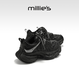 显脚小女鞋 MILLIE 女黑色增高百搭休闲运动鞋 妙丽厚底老爹鞋