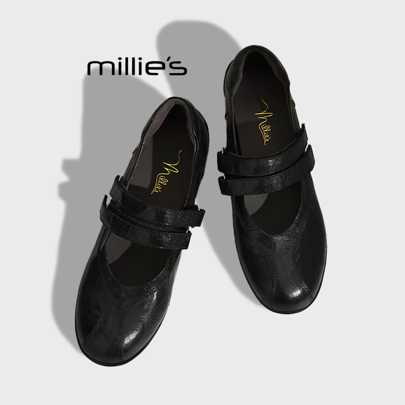 MILLIE'S/妙丽简约风黑色真皮玛丽珍鞋女一字带平底防滑防水单鞋Z,女鞋,雨鞋,淘宝优惠券,粉丝福利购,淘宝优惠卷