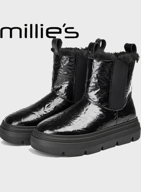MILLIE'S/妙丽新款套脚雪地靴女冬季圆头厚底短靴棉鞋烟筒短靴春