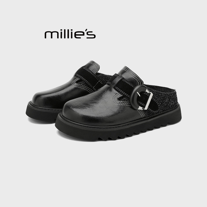 MILLIE'S/妙丽黑色厚底勃肯鞋女魔术贴包头半拖鞋舒适百搭休闲鞋Z