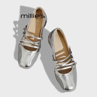 MILLIE'S/妙丽2026春款芭蕾风方头玛丽珍单鞋女休闲鞋厚底运动鞋