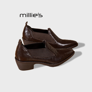 MILLIE'S/妙丽深口单鞋女款秋季方头粗跟真皮松紧带及踝靴乐福鞋