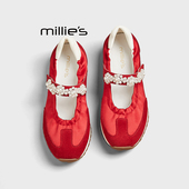 MILLIE 女厚底一字扣芭蕾风防水鞋 妙丽红色珍珠玛丽珍雨鞋