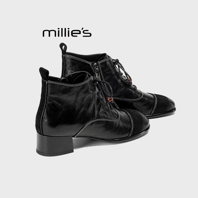 MILLIE'S/妙丽秋冬款圆头串珠绑带粗跟马丁靴女真皮低跟女士短靴Q