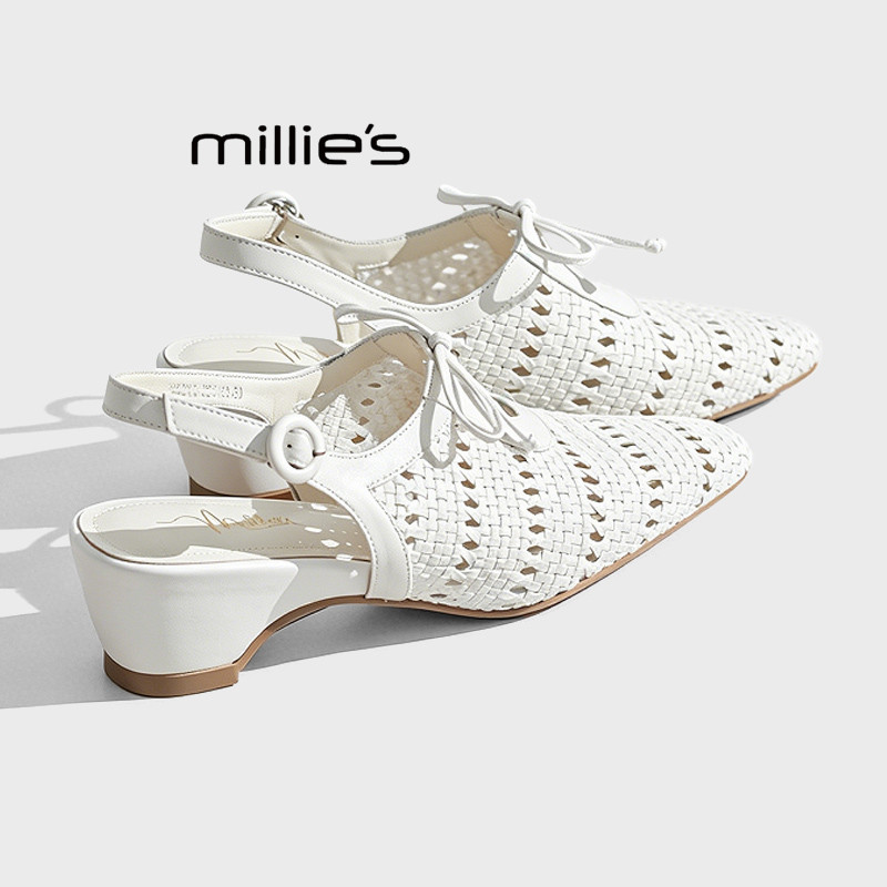 MILLIE'S/妙丽粗跟编织凉鞋女款2026夏季通勤不累脚绝美浅口单鞋Z