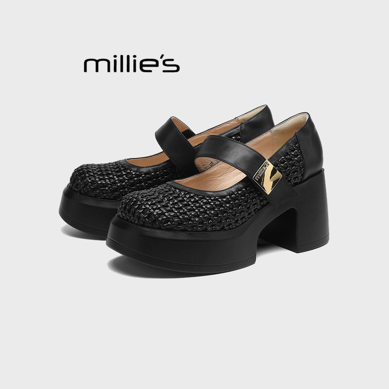 MILLIE'S/妙丽真皮厚底凉鞋女增高编织透气玛丽珍镂空外穿单鞋夏