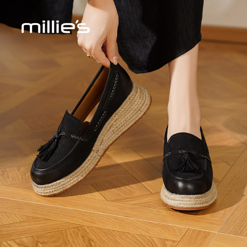 MILLIE'S/妙丽2025新款时尚厚底乐福鞋女真皮高跟懒人豆豆鞋,女鞋,乐福鞋（豆豆鞋）,淘宝优惠券,粉丝福利购,淘宝优惠卷