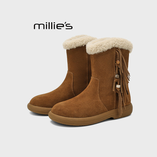 MILLIE'S/妙丽复古流苏切尔西短靴女加绒毛绒内里棕色麂皮靴子Z