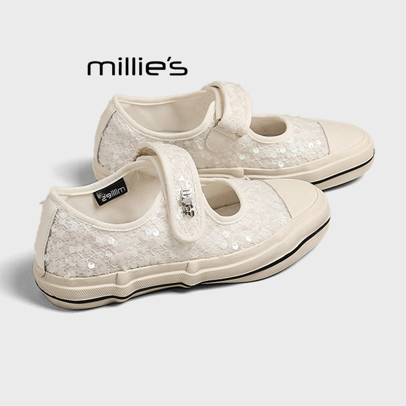 MILLIE'S/妙丽玛丽珍鞋女2026夏季魔术贴亮片不累脚软底休闲板鞋Z