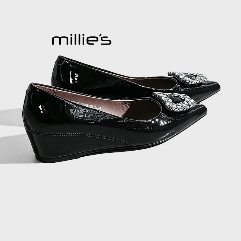 MILLIE'S/妙丽法式水钻方扣尖头平底单鞋女2026夏季浅口玛丽珍鞋Z
