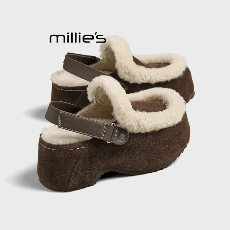 MILLIE'S/妙丽内增高勃肯鞋女加绒包头毛毛拖鞋厚底保暖博肯鞋冬Z