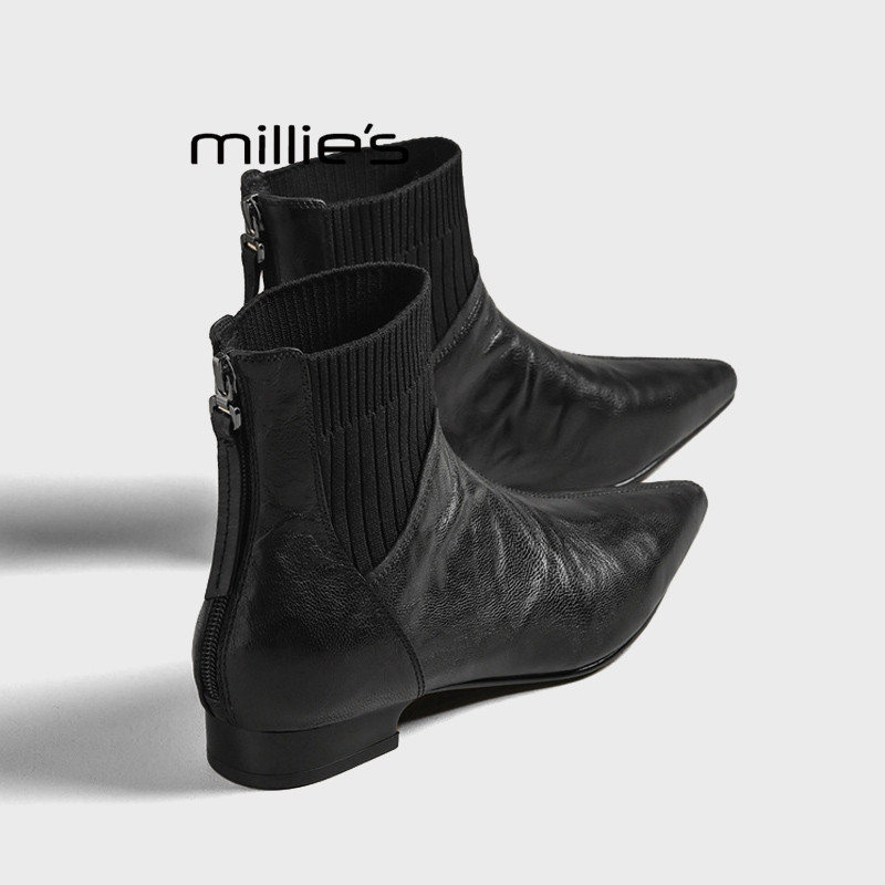 MILLIE'S/妙丽法式高级感气质尖头短靴女真皮平底小踝靴瘦瘦靴秋