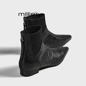 妙丽法式 MILLIE 高级感气质尖头短靴女真皮平底小踝靴瘦瘦靴秋