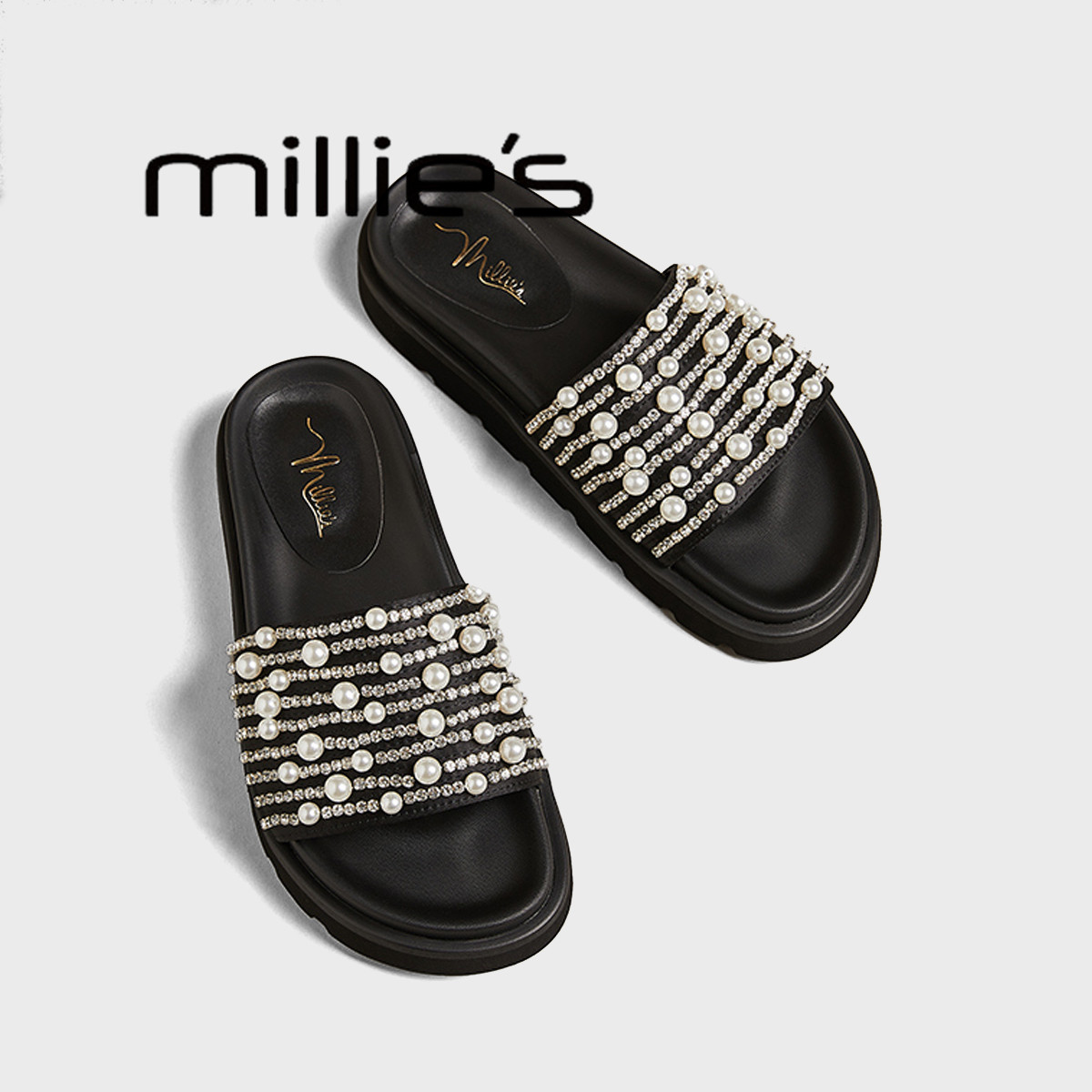 MILLIE'S/妙丽真皮厚底珍珠水钻凉拖一字外穿时尚露趾增高拖鞋