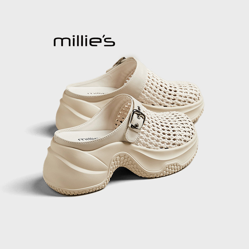 MILLIE'S/妙丽洞洞鞋女新款外穿镂空编制增高网面凉鞋一脚蹬半拖
