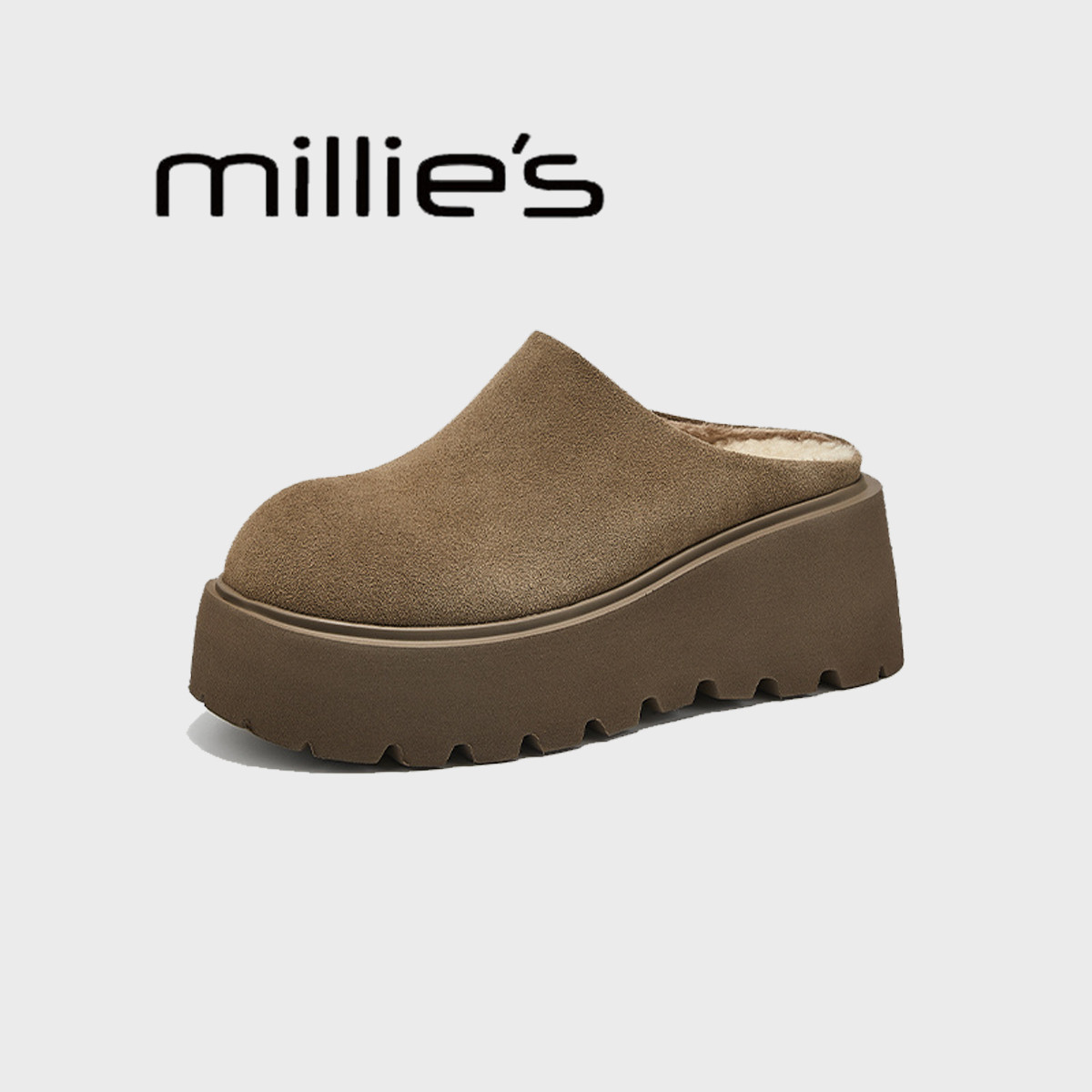 MILLIE'S/妙丽圆头厚底小个子增高磨砂皮保暖舒适时尚勃肯鞋冬季