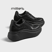 妙丽厚底面包鞋 女春季 MILLIE 黑色系带增高小个子百搭休闲鞋