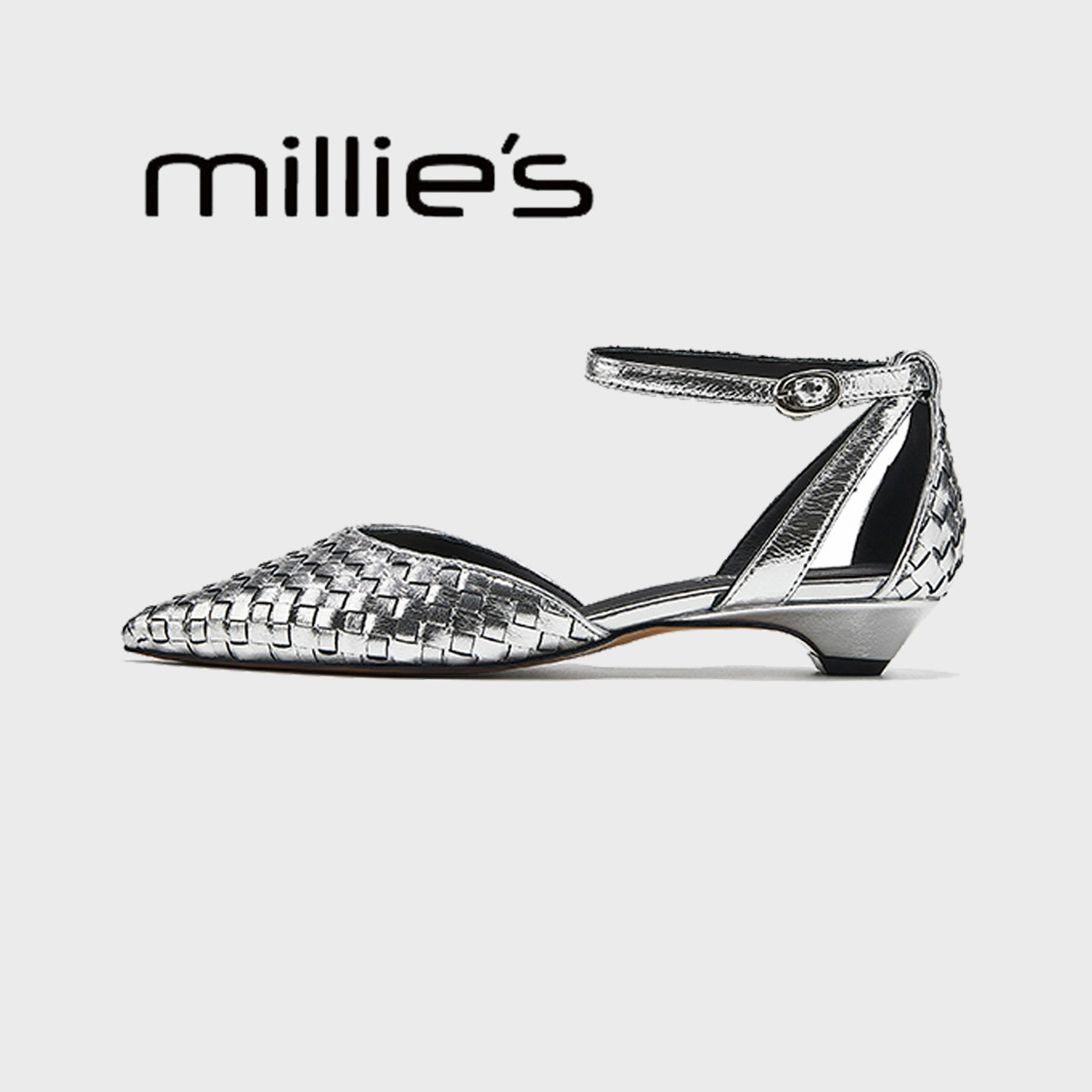 millies妙丽尖头凉鞋女夏外穿精致配裙子中跟包头单鞋羊皮编织