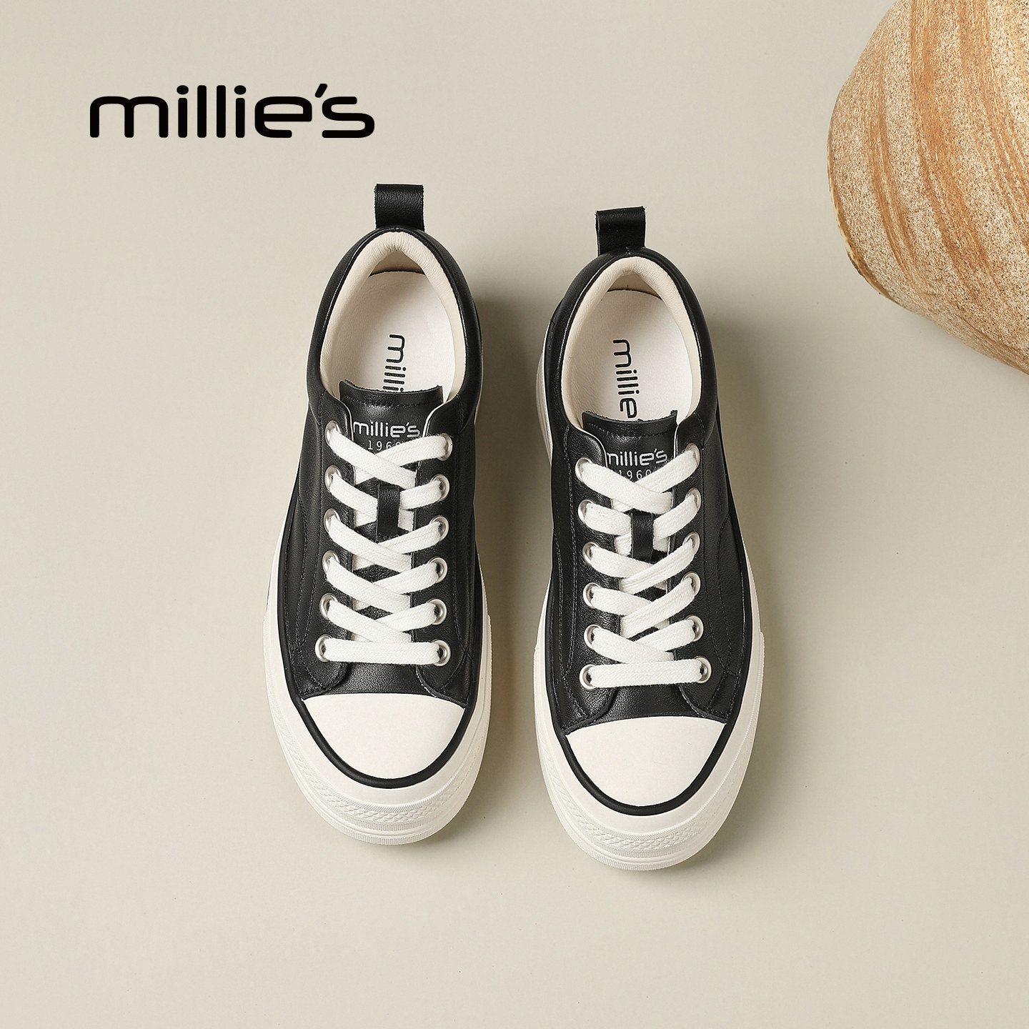 MILLIE'S/妙丽厚底休闲鞋女黑色系带板鞋舒适百搭增高不累脚Z