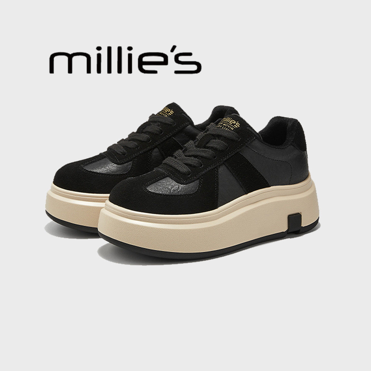 MILLIE'S/妙丽春秋圆头厚底港风做旧柔软舒适时尚休闲增高板鞋女