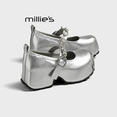 妙丽银色厚底春季 女内增高防水鞋 MILLIE 小个子一字扣带厚底鞋