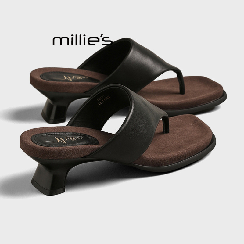 MILLIE'S/妙丽猫跟拖鞋女2026夏季款真皮时尚方头法式简约凉拖鞋Z