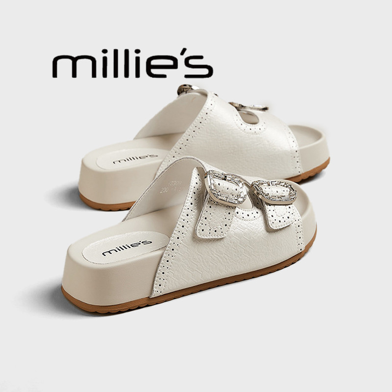 MILLIE'S/妙丽夏新款真皮金属水钻厚底一字拖鞋女时尚勃肯凉拖鞋