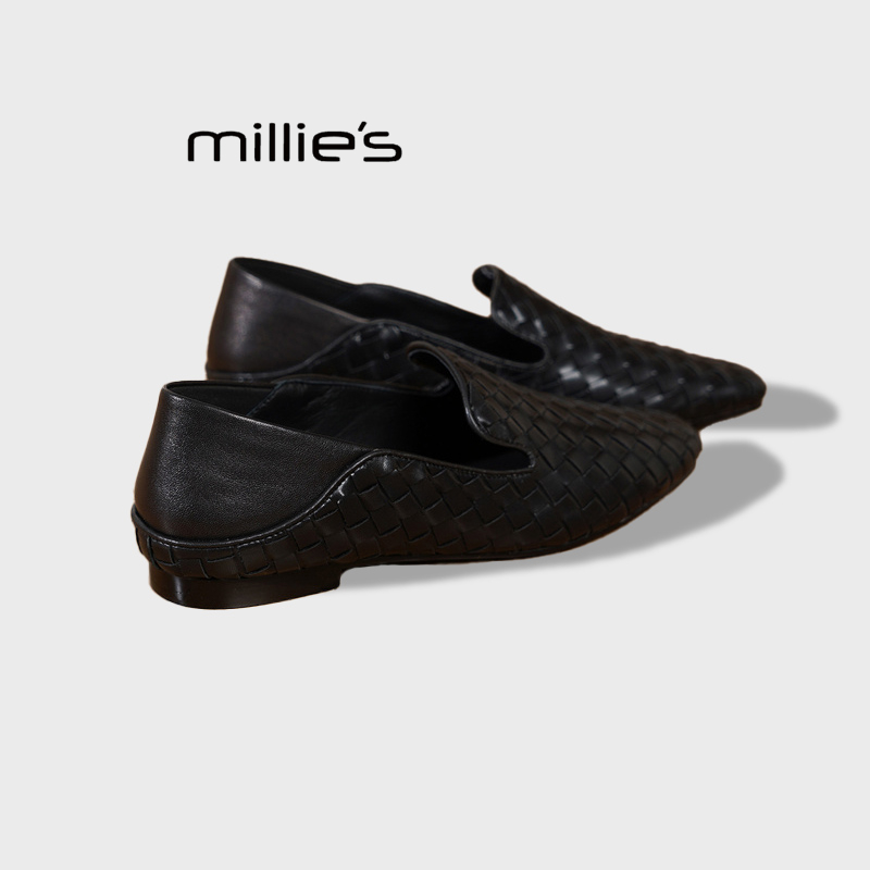MILLIE'S/妙丽2025秋款真皮软底一脚蹬手工编织休闲潮流乐福鞋女Q