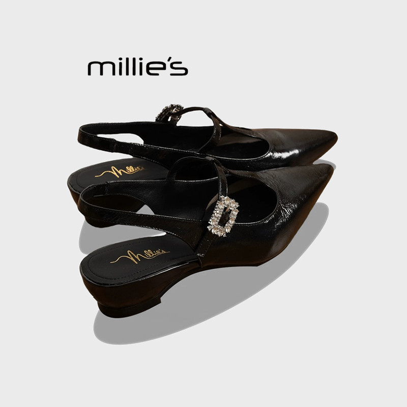 MILLIE'S/妙丽2026新款尖头真皮百搭气质时装凉鞋女低跟包头凉鞋