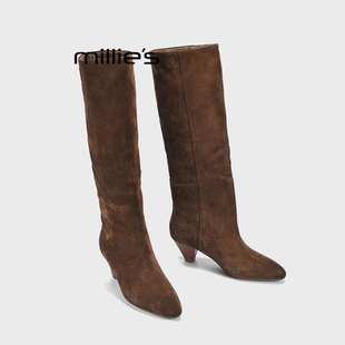 MILLIE'S/妙丽骑士靴女款冬季加绒靴子长筒靴真皮尖头堆堆靴长靴Q