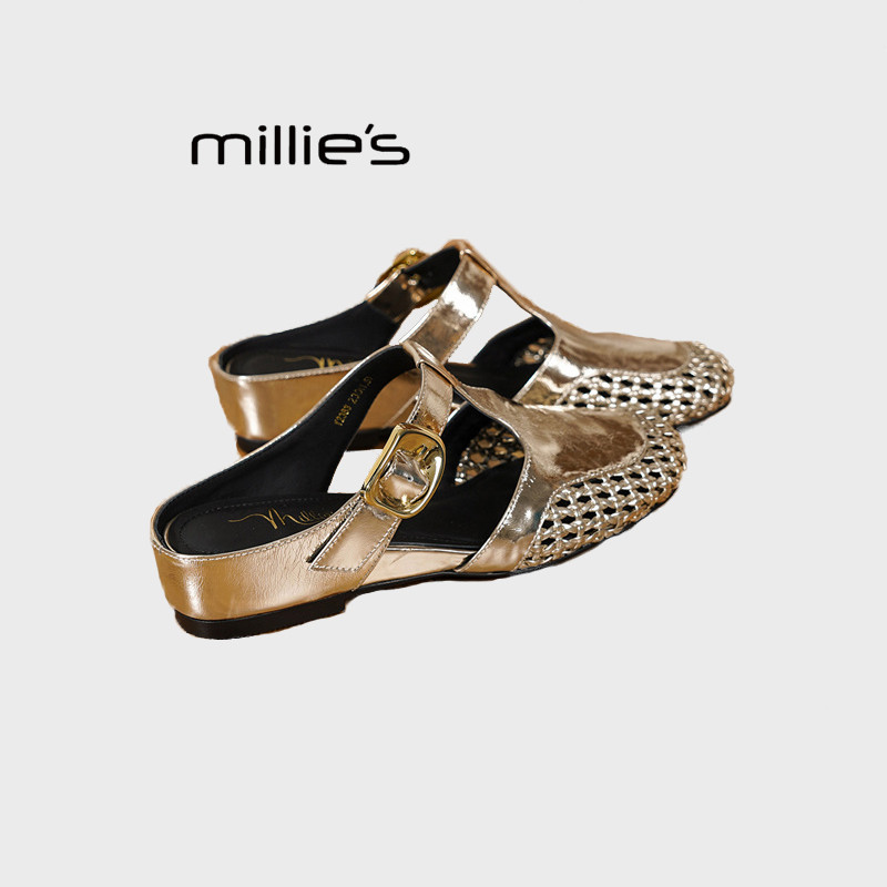 MILLIE'S/妙丽法式中跟坡跟内增高包头凉拖鞋真皮编织手工鞋夏季,女鞋,包头拖,淘宝优惠券,粉丝福利购,淘宝优惠卷