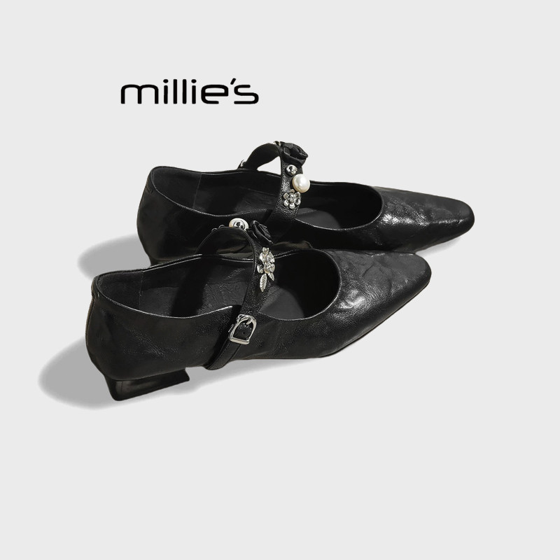MILLIE'S/妙丽2025夏新款软牛皮舒适休闲方头黑色通勤平底单鞋女