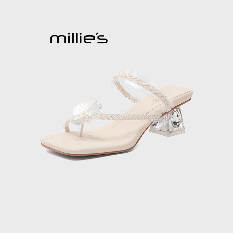 MILLIE'S/妙丽方头水钻夹趾拖鞋